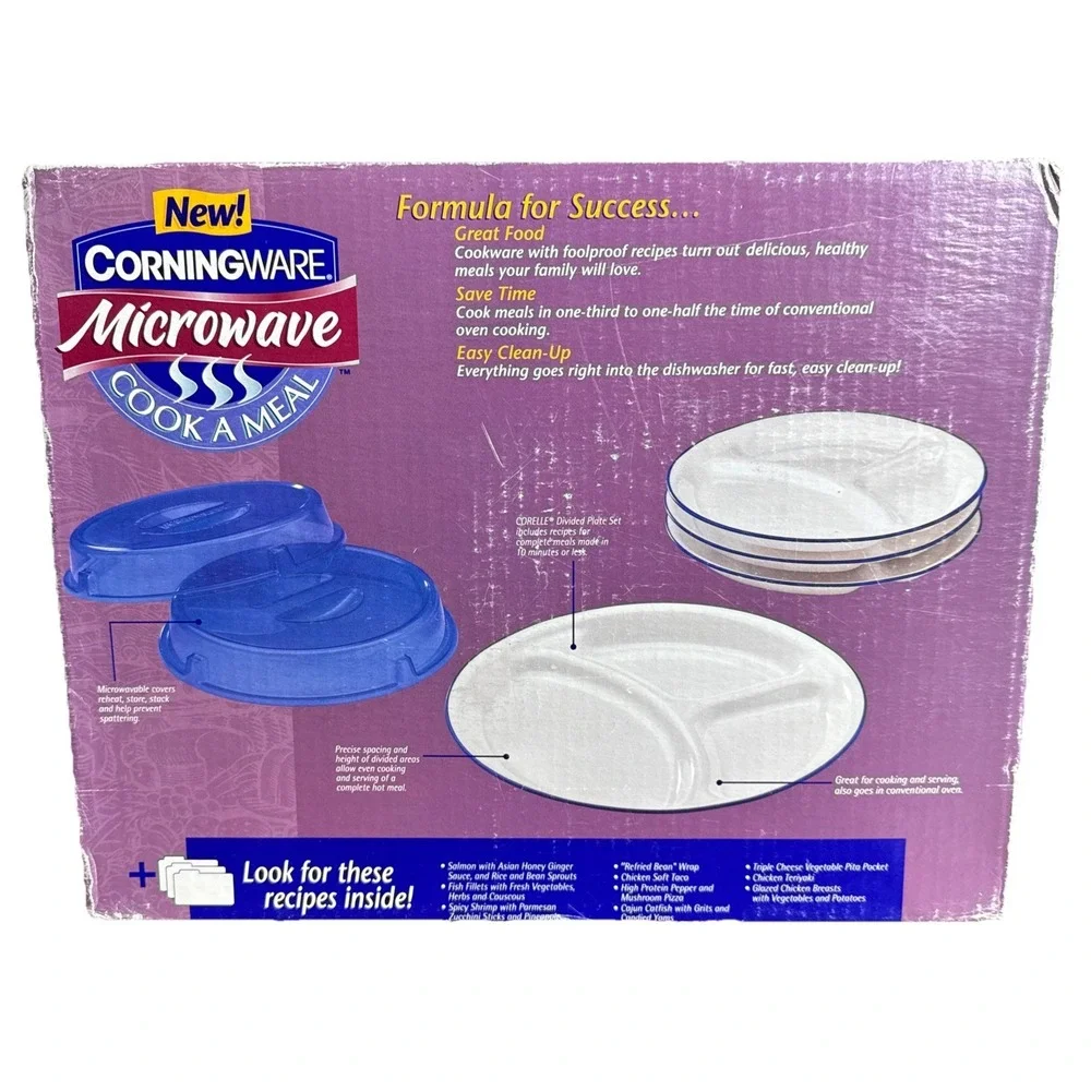 Vtg NOS Corningware Corelle Microwave 6PC Divided Plate & Cover Cook‎ A Meal Set